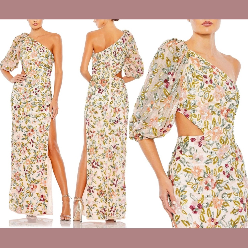 NWT $698 Mac Duggal‎ [ 6 ] Floral One Shoulder Sequined Side Cutout Gown Nude
